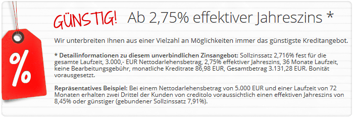 creditolo ist gnstig! Dieser neue creditolo Zins ist nicht nur gnstig, sondern vor allem realistisch und in der Praxis fr die Kunden auch erzielbar. Darauf legen wir bei unserer tglichen Arbeit besonderen Wert.