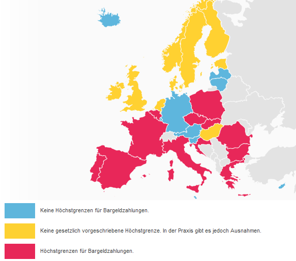 Das Europische Verbraucherzentrum Deutschland hat eine Karte mit Informationen zu Einschrnkungen bei Bargeldzahlungen entwickelt.